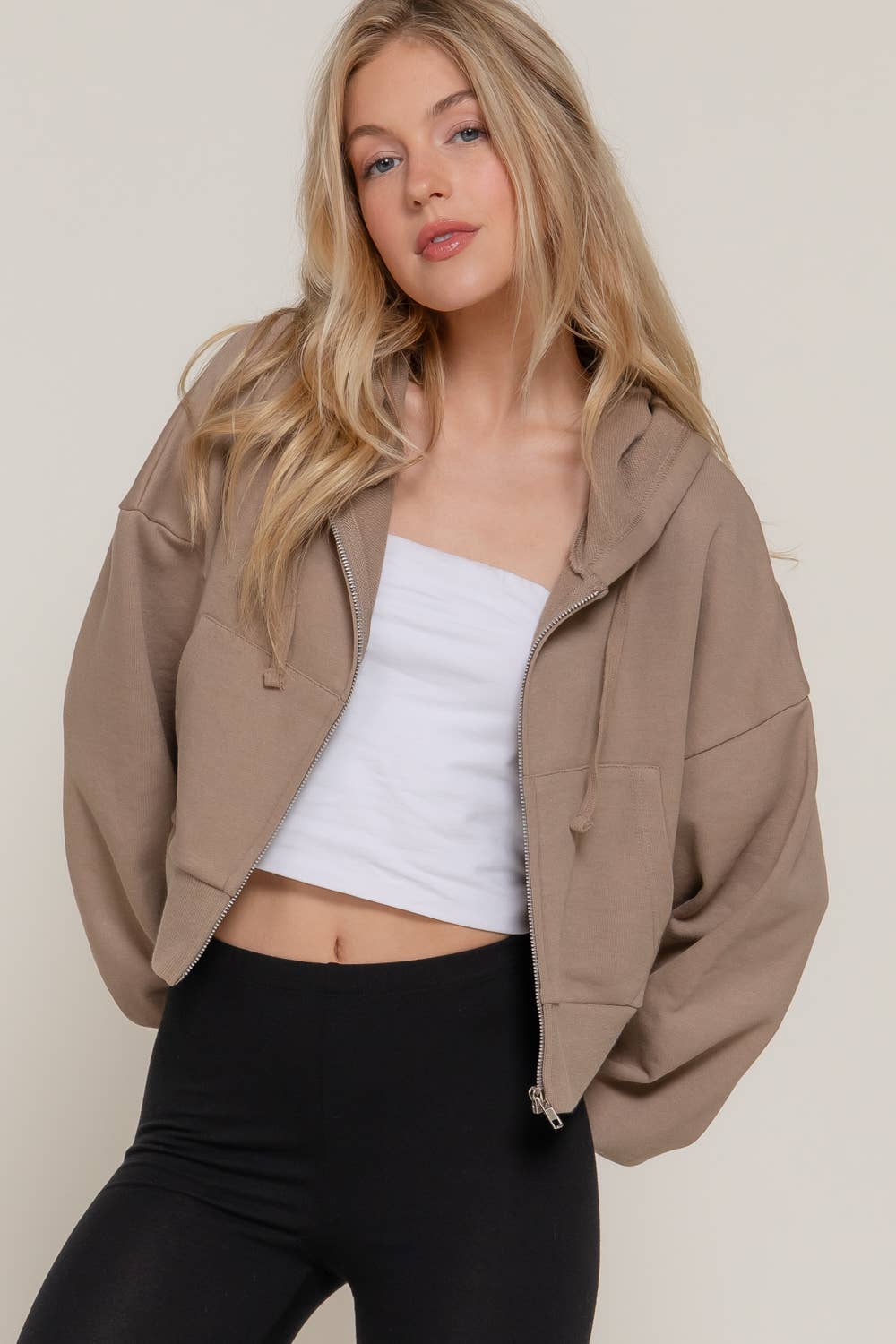 Long Sleeve Hoodie French Terry Zip Up Jacket COFFEE